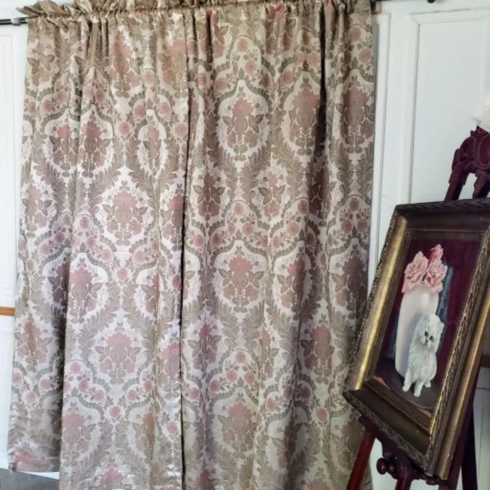 JC Penney Drapes Waterfall Valances 100Wx85L Tan Floral Jacquard Lined Vtg 7pcs